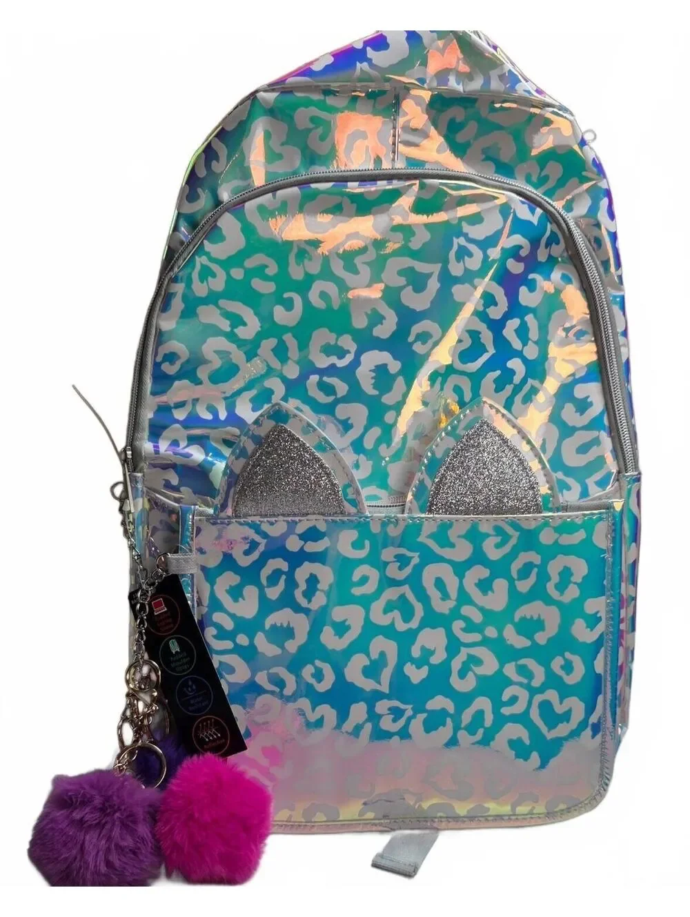 17 Inch Iridescent Kitty Backpack w/Wristlet Padded Laptop Sleeve and Shoulder